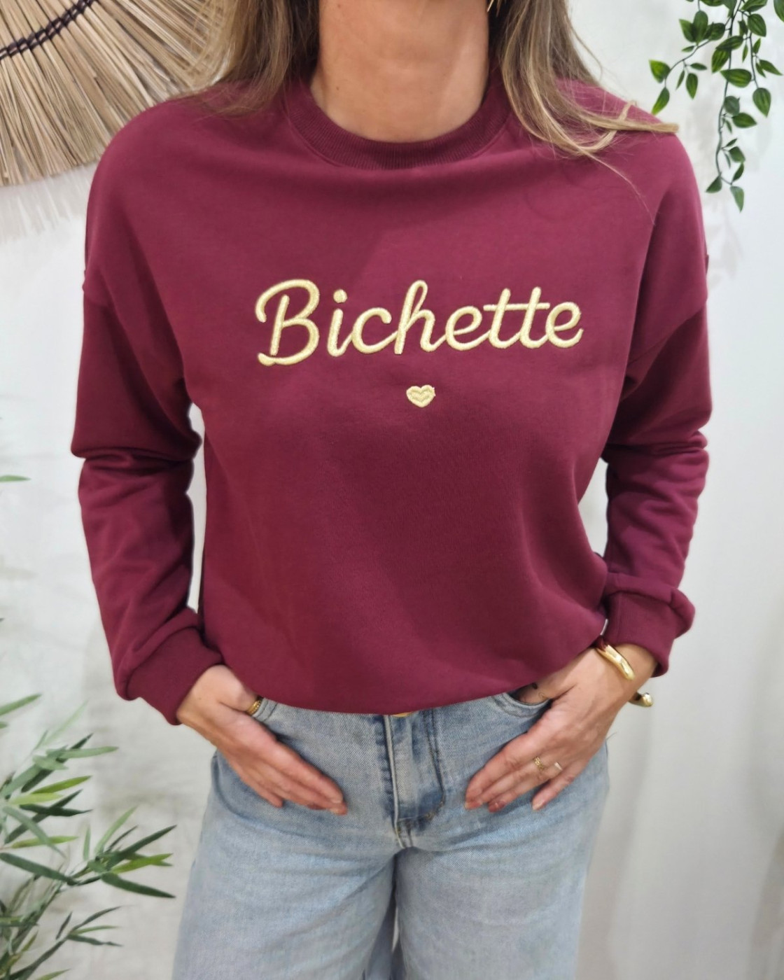 Sweat femme rouge bordeaux broderie Bichette dorée
