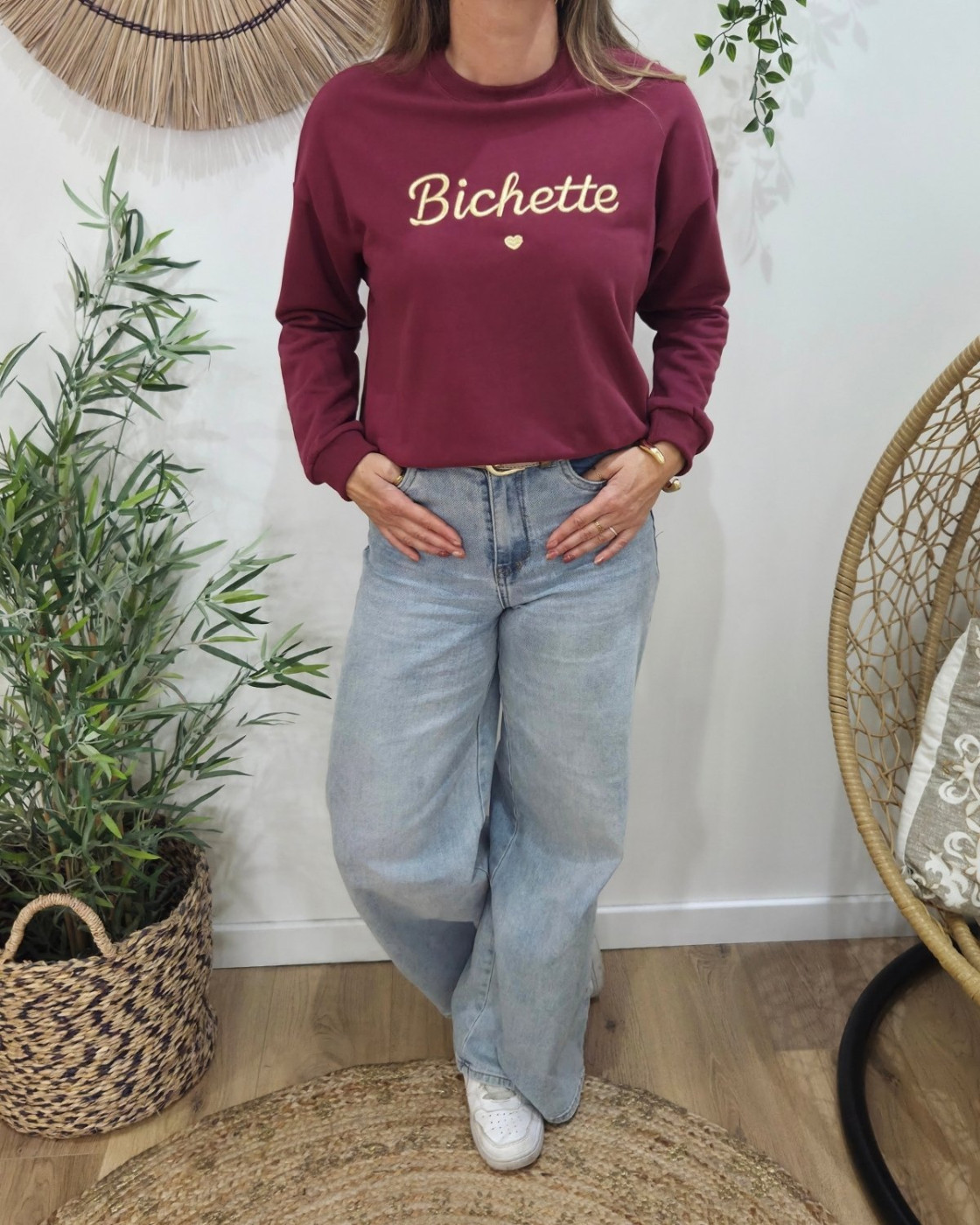 Sweat femme rouge bordeaux broderie Bichette dorée