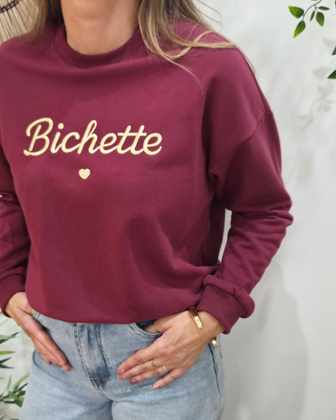 Sweat femme rouge bordeaux broderie Bichette dorée