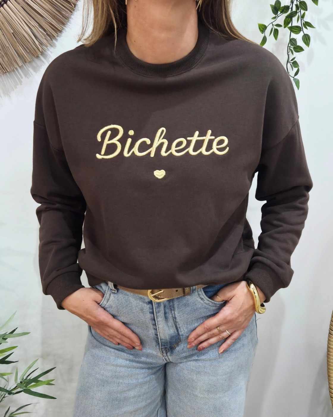 Sweat femme marron broderie Bichette dorée