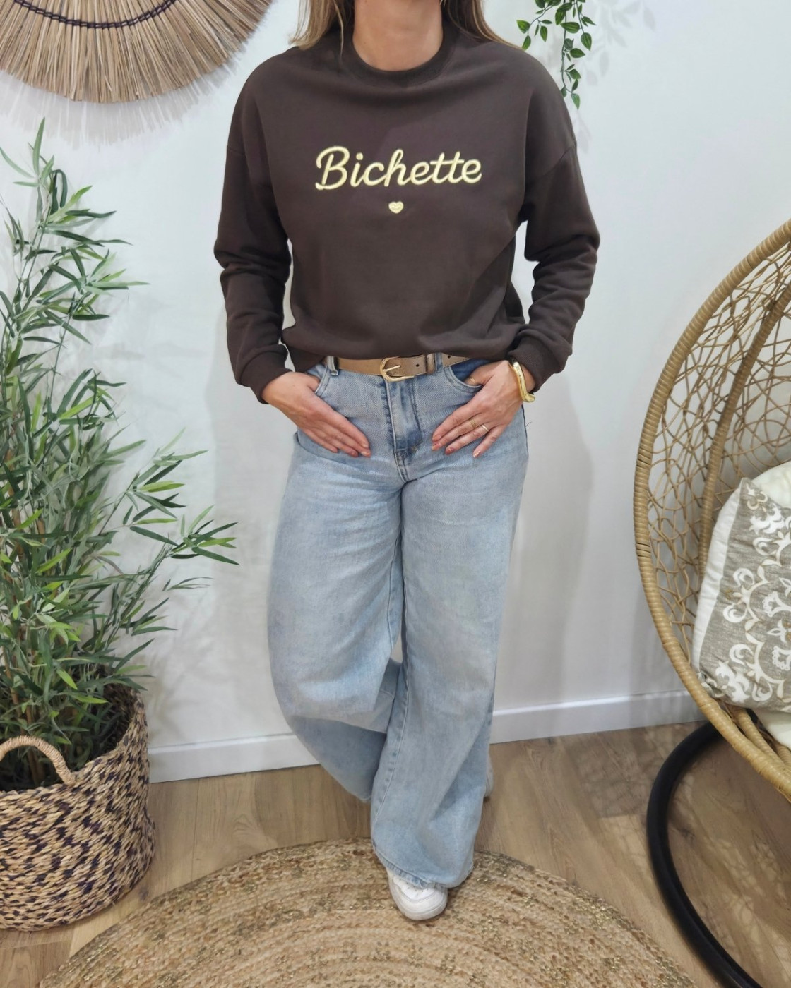 Sweat femme marron broderie Bichette dorée