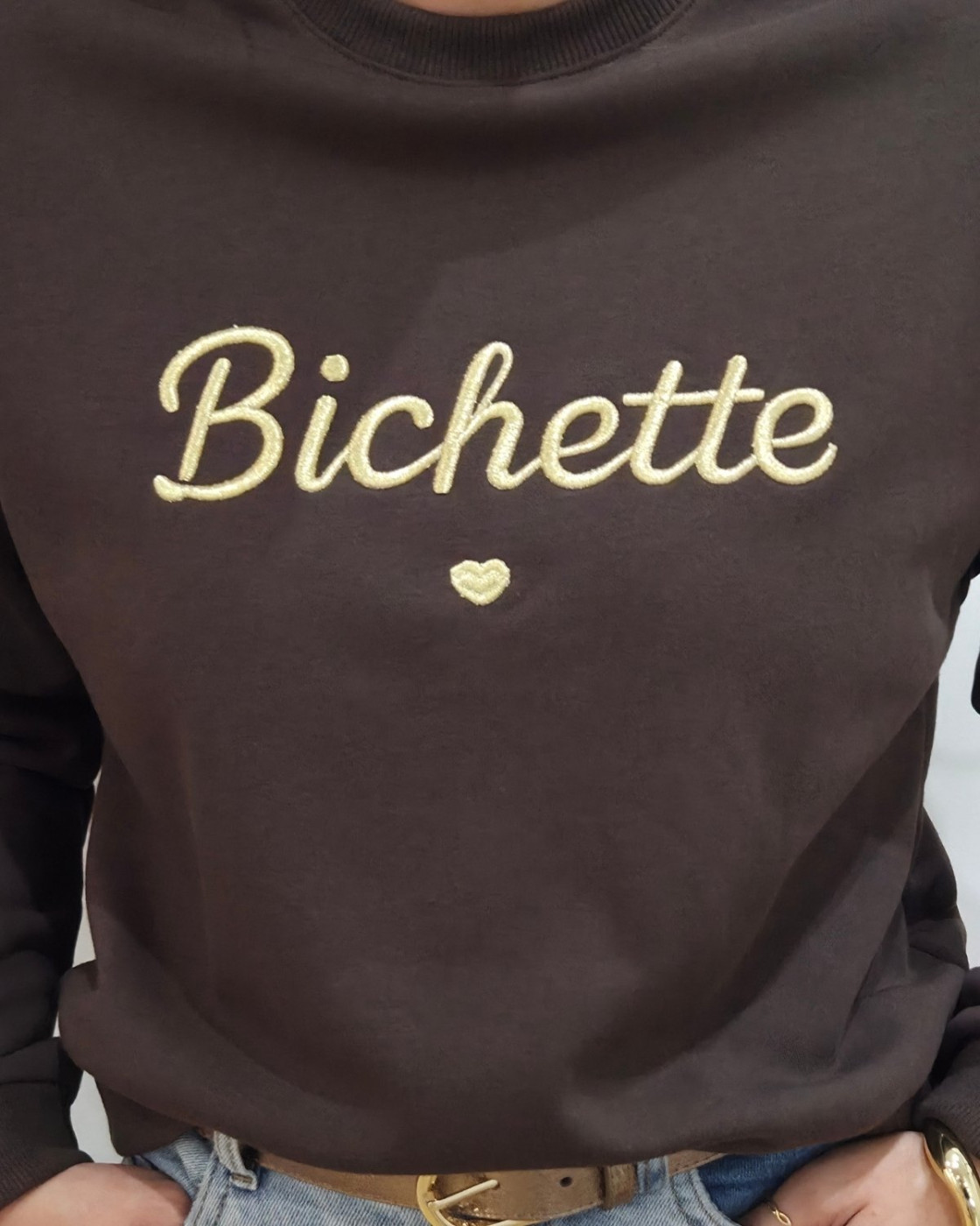 Sweat femme marron broderie Bichette dorée