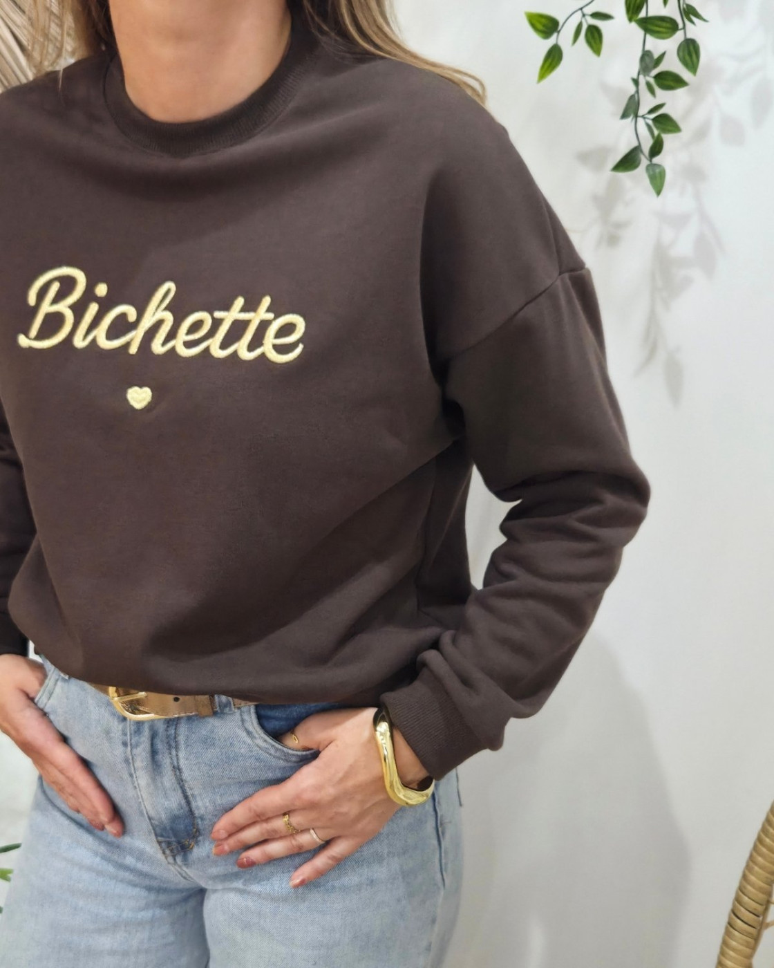 Sweat femme marron broderie Bichette dorée