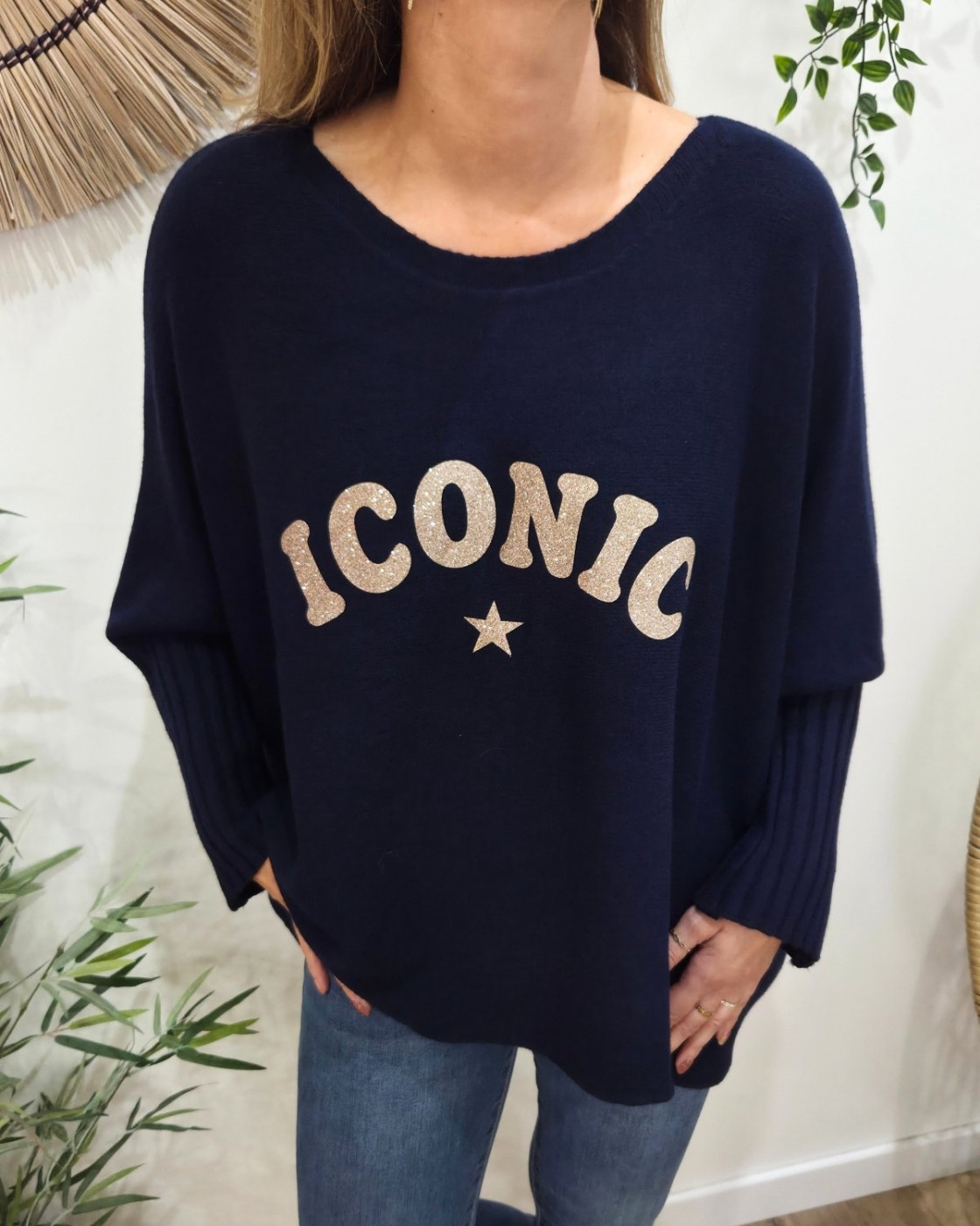 Pull femme oversize col rond Iconic pailleté
