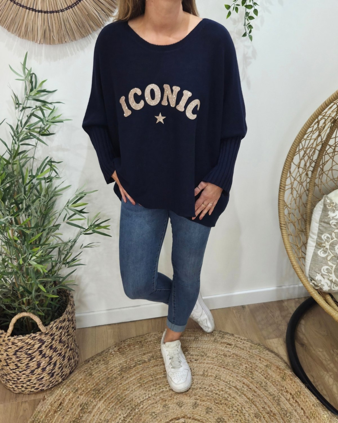 Pull femme oversize col rond Iconic pailleté