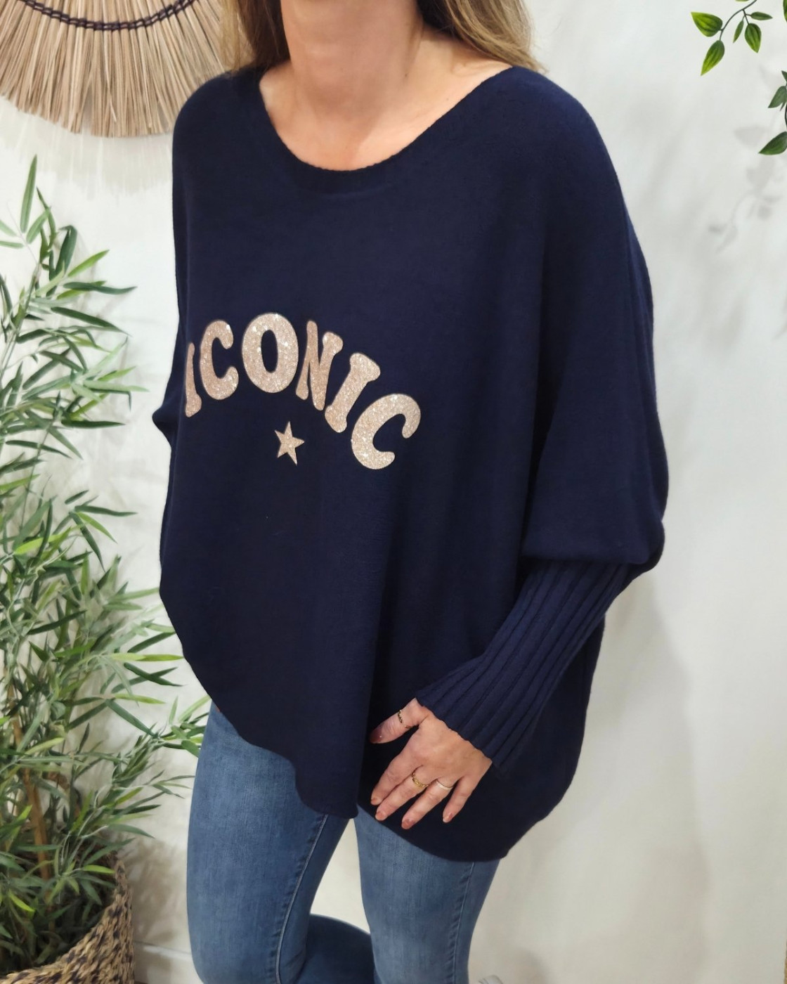Pull femme oversize col rond Iconic pailleté