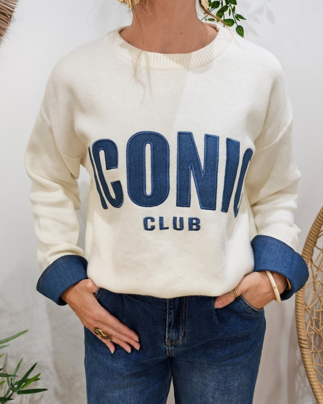 Pull femme beige ICONIC club bleu jean
