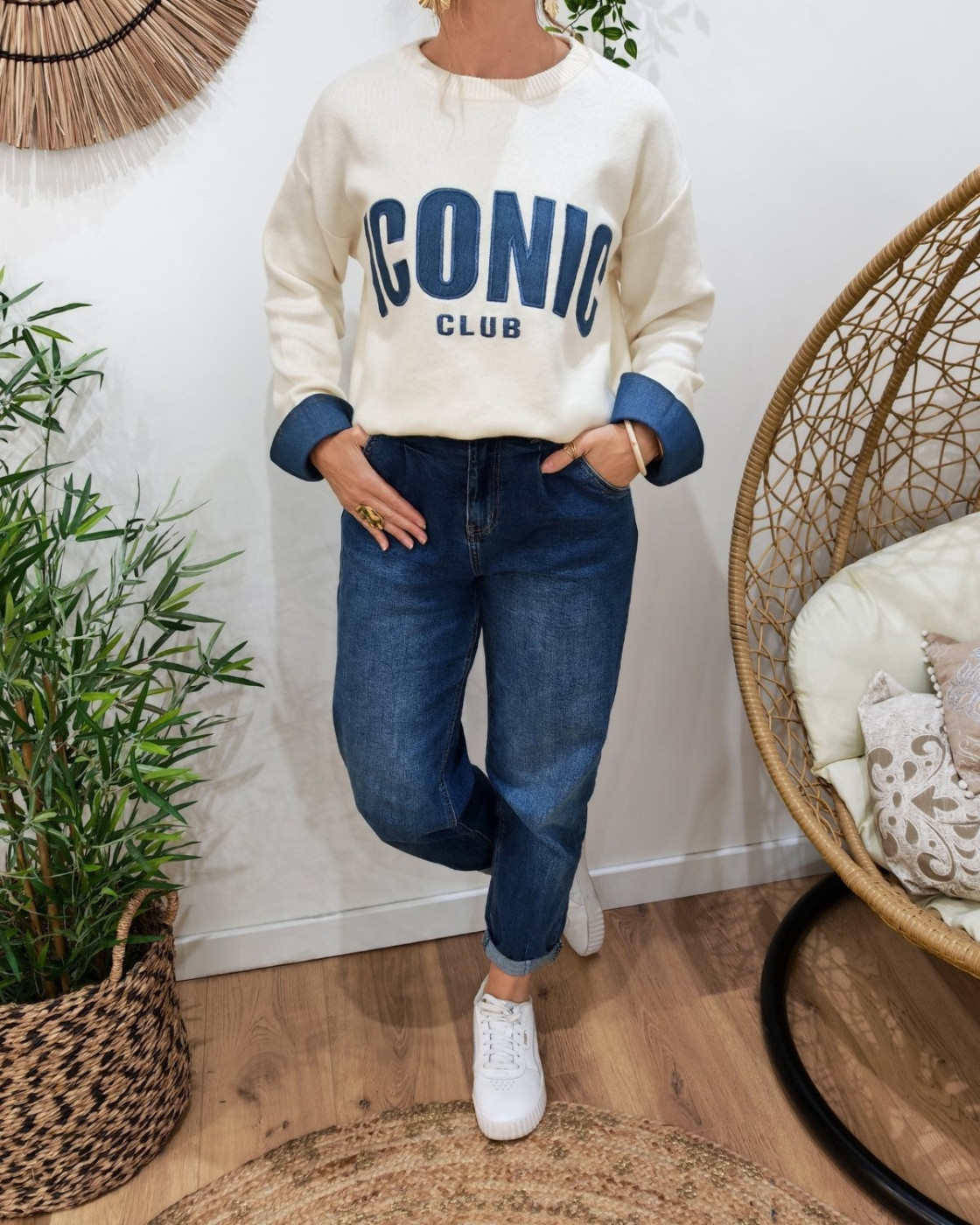 Pull femme beige ICONIC club bleu jean