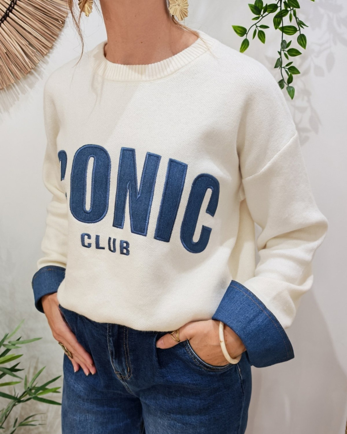 Pull femme beige ICONIC club bleu jean