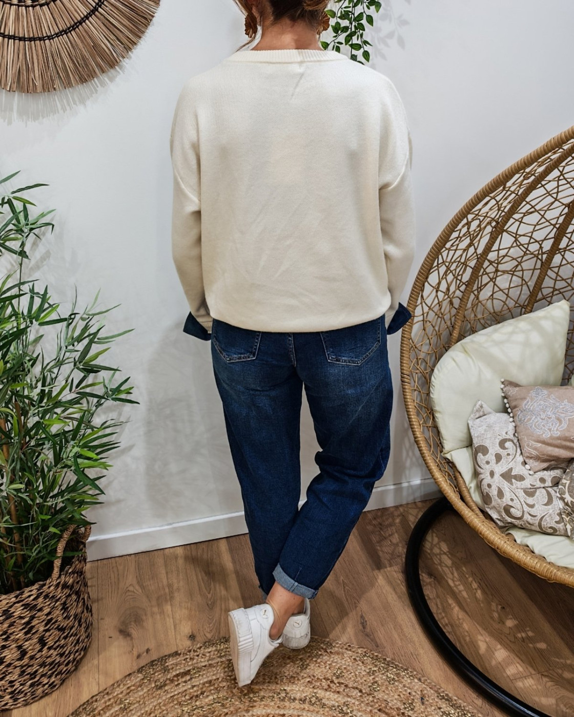 Pull femme beige ICONIC club bleu jean