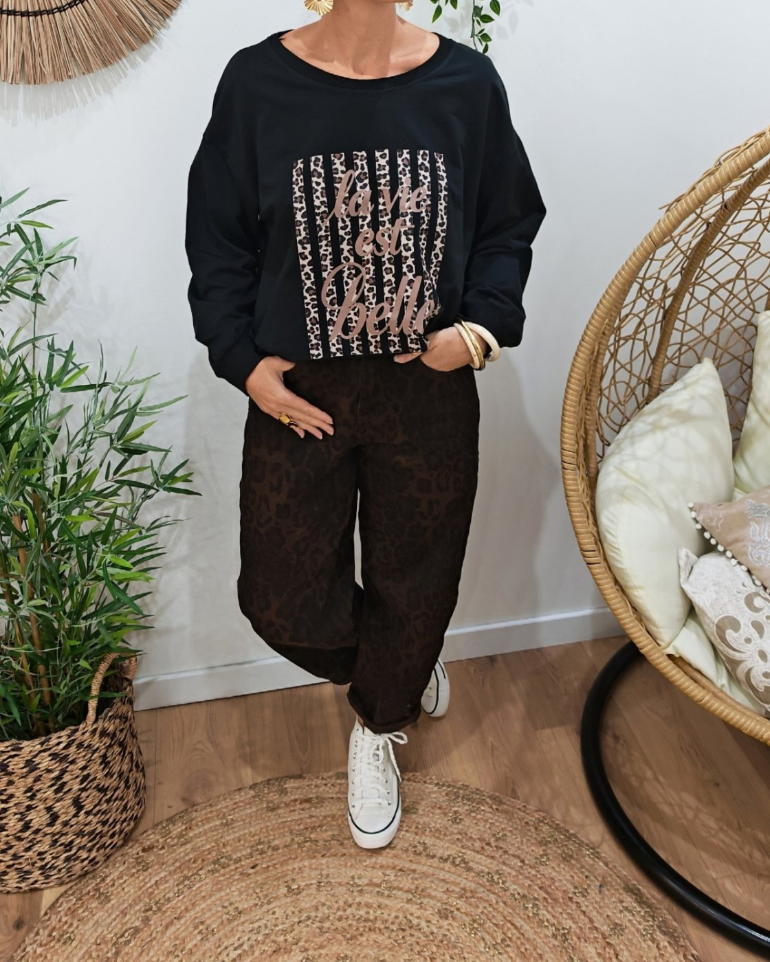 Sweat fin noir femme La vie est belle