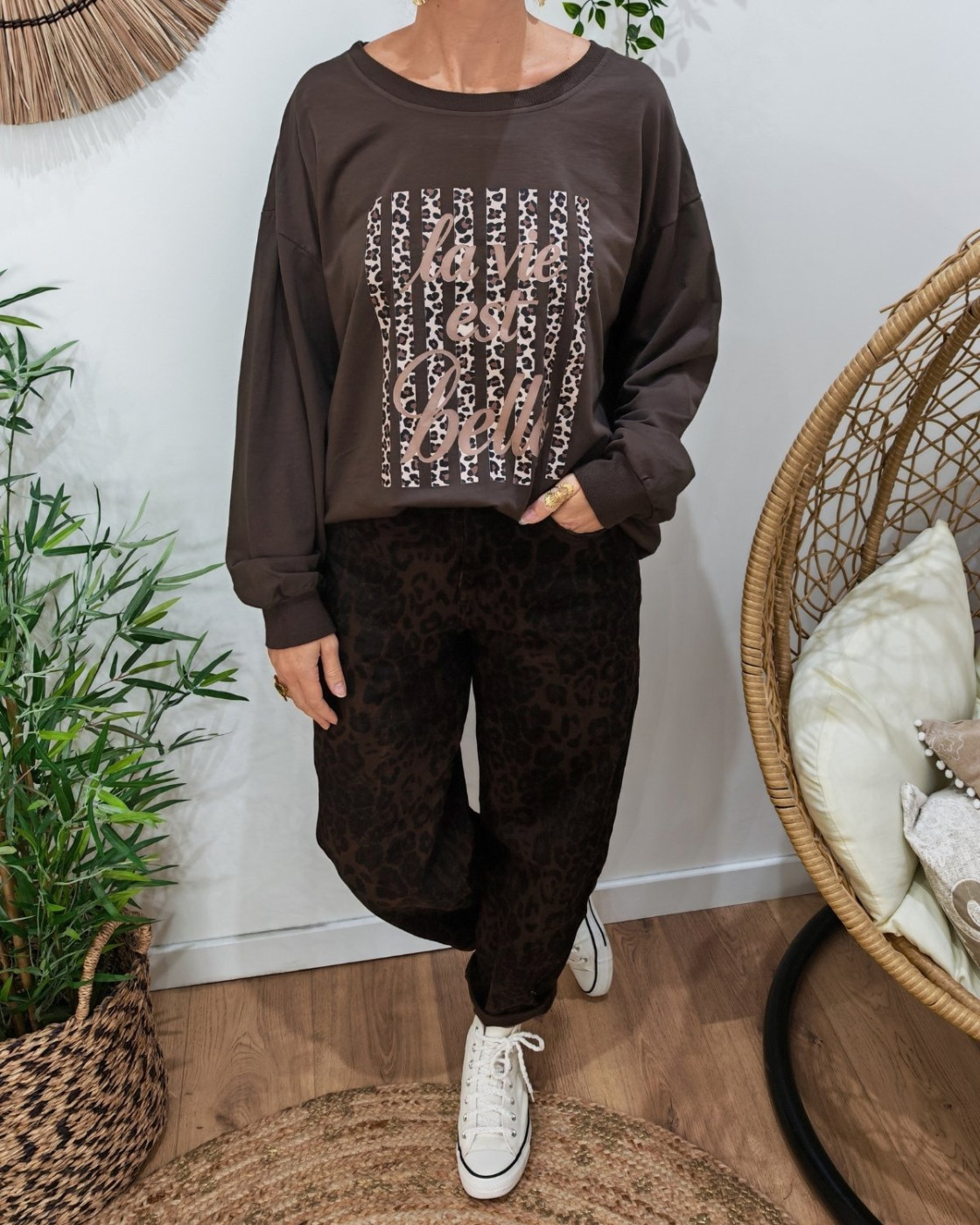 Sweat fin marron femme La vie est belle