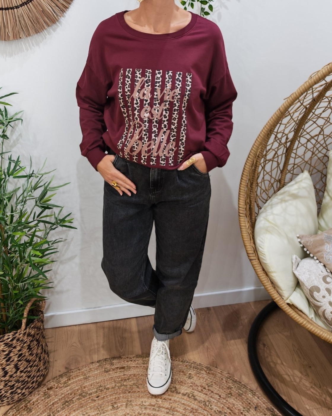 Sweat fin bordeaux femme La vie est belle