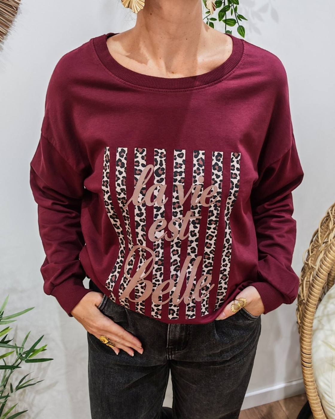 Sweat fin bordeaux femme La vie est belle