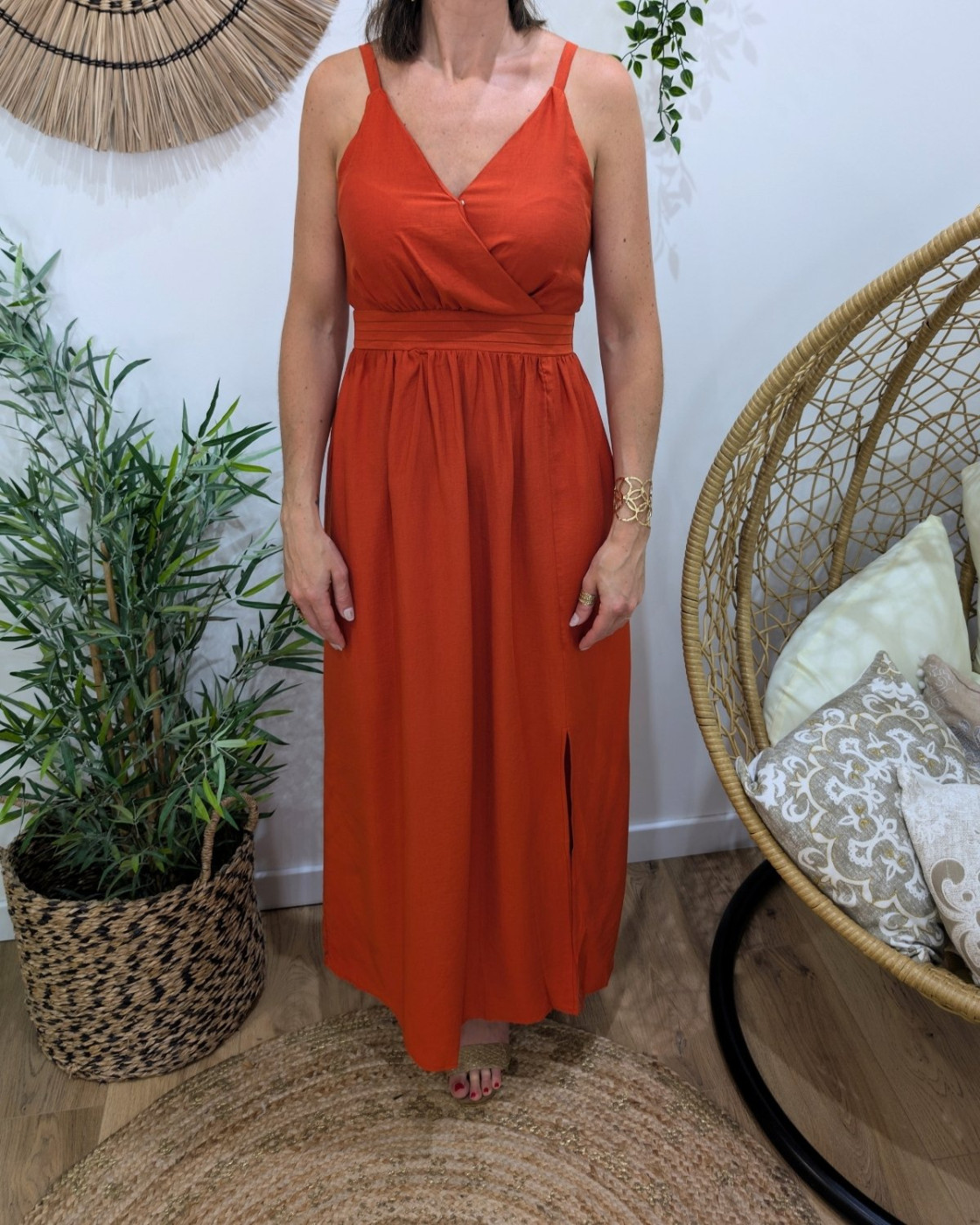  Robe longue femme à bretelles terracotta nouée 