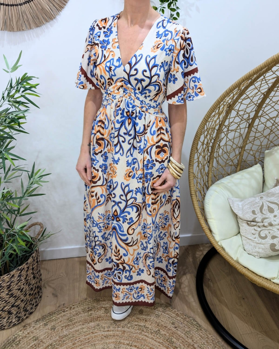 Robe longue femme beige motifs bleus orangés Donatella