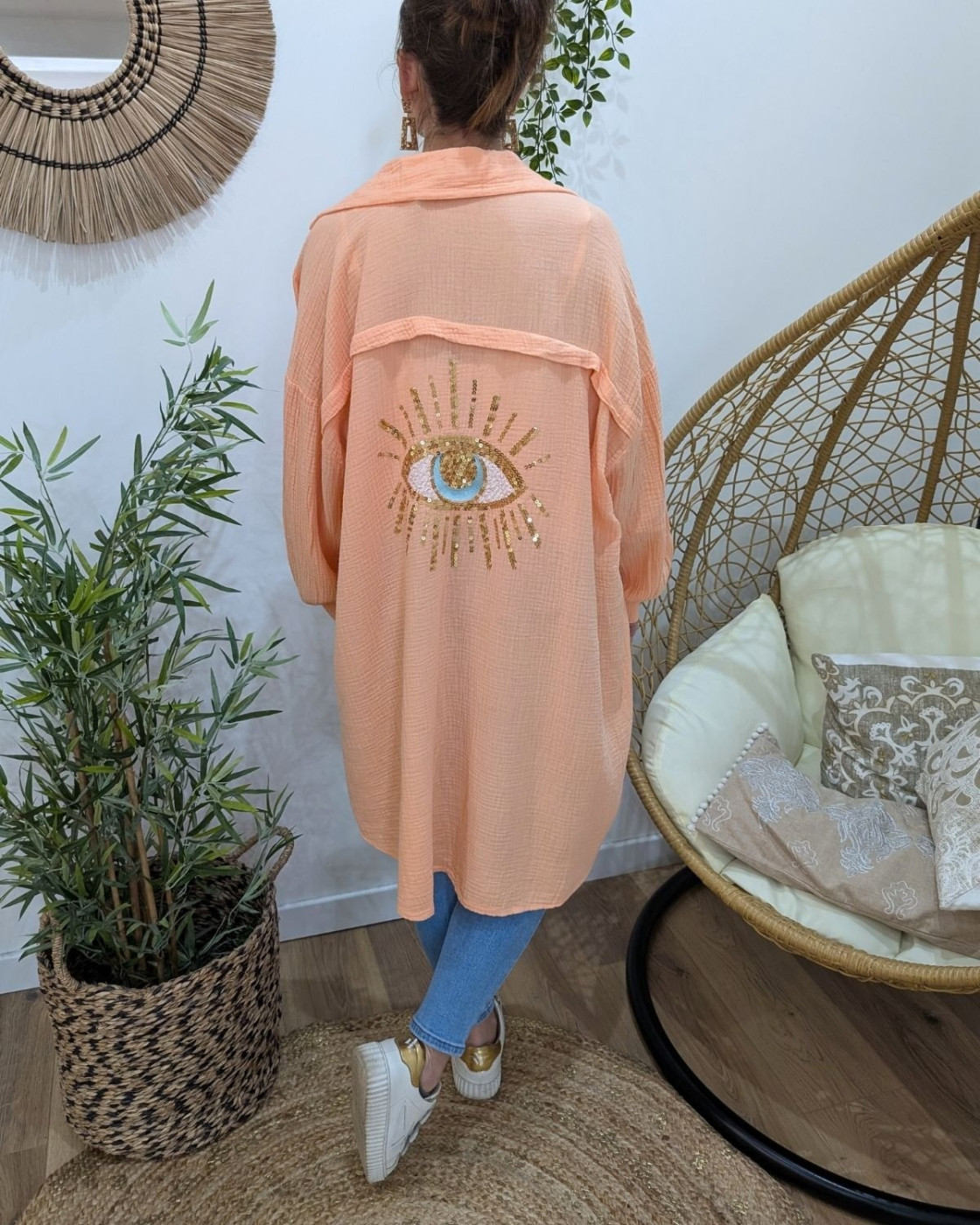 Robe chemise femme oversize coton gaze oeil sequins