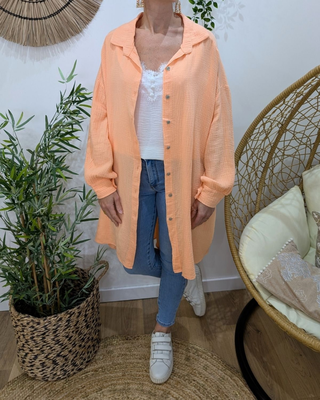 Robe chemise femme oversize coton gaze oeil sequins