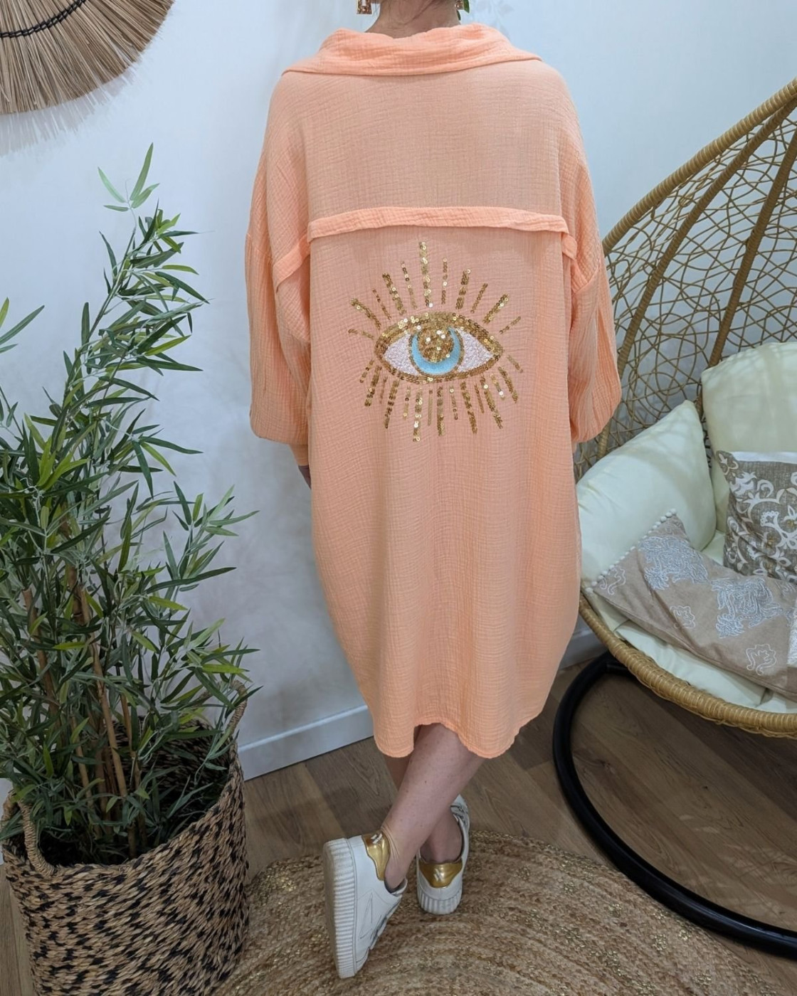 Robe chemise femme oversize coton gaze oeil sequins