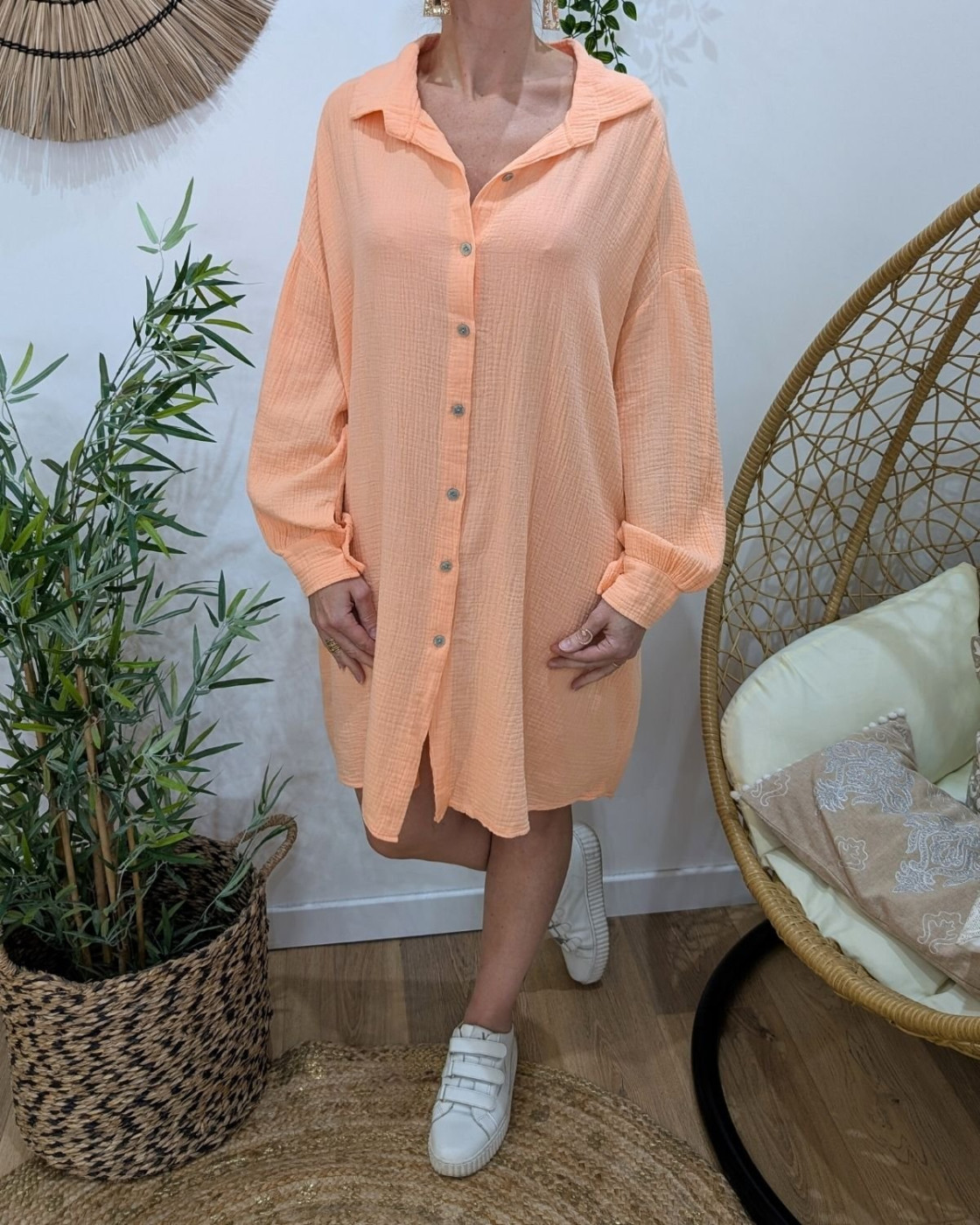 Robe chemise femme oversize coton gaze oeil sequins