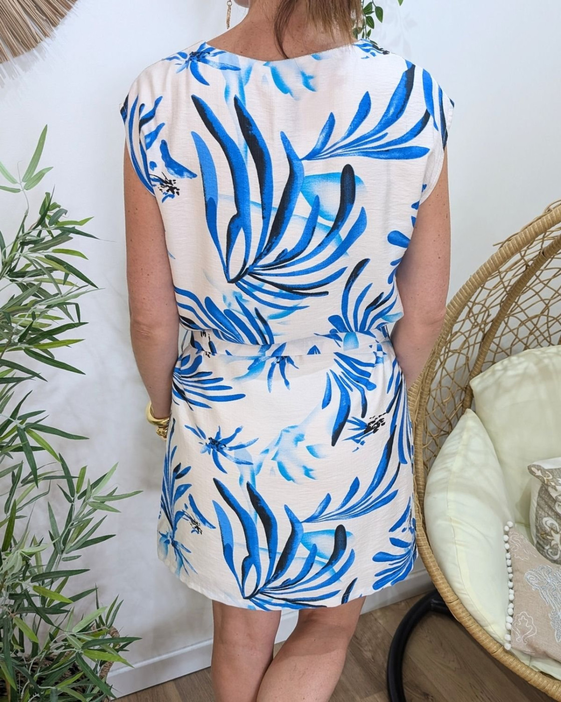 Robe femme droite écrue fleurs bleues Maïana