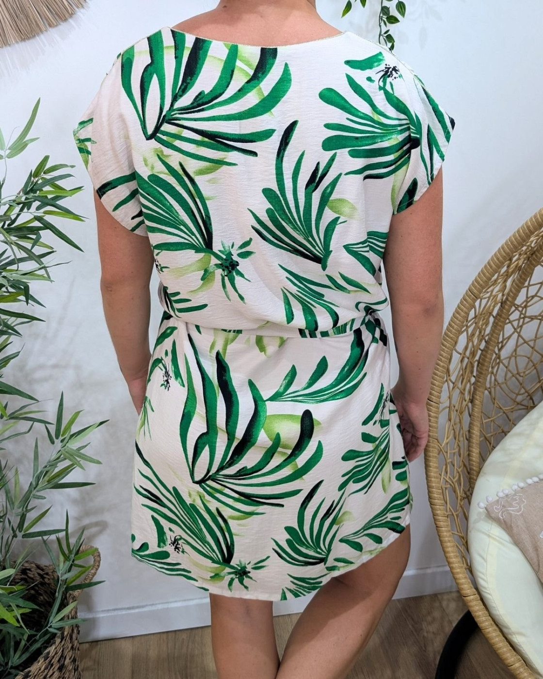 Robe femme droite écrue fleurs vertes Maïana