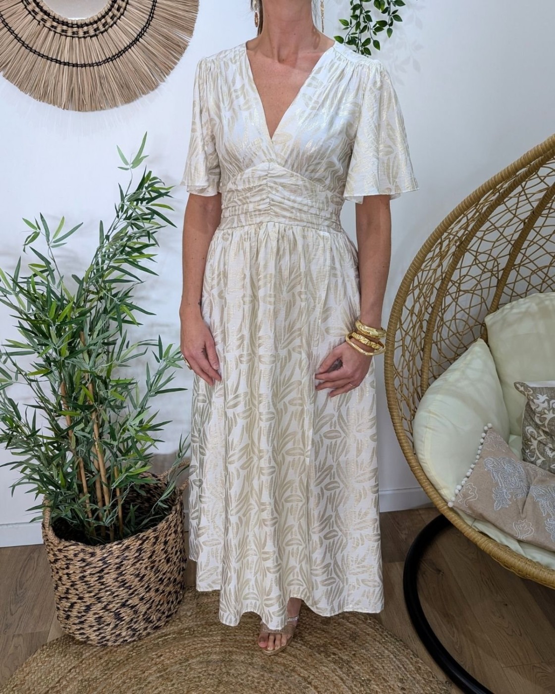 Robe longue femme écrue feuillages dorés