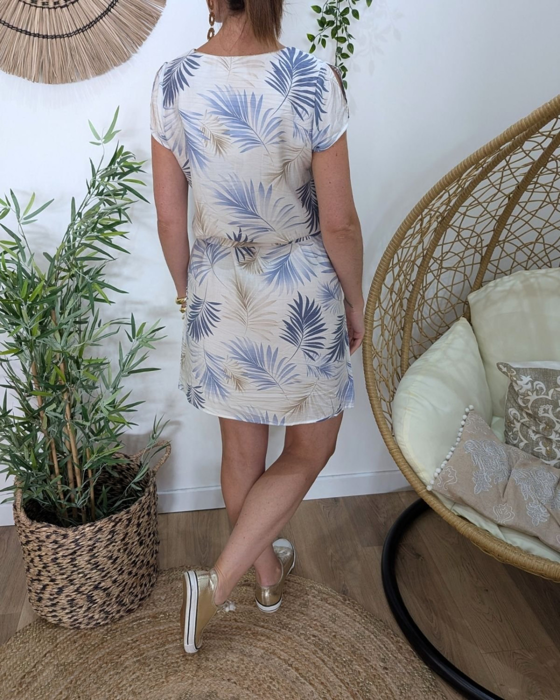 Robe femme droite écrue feuillages bleus et beiges Ombelline