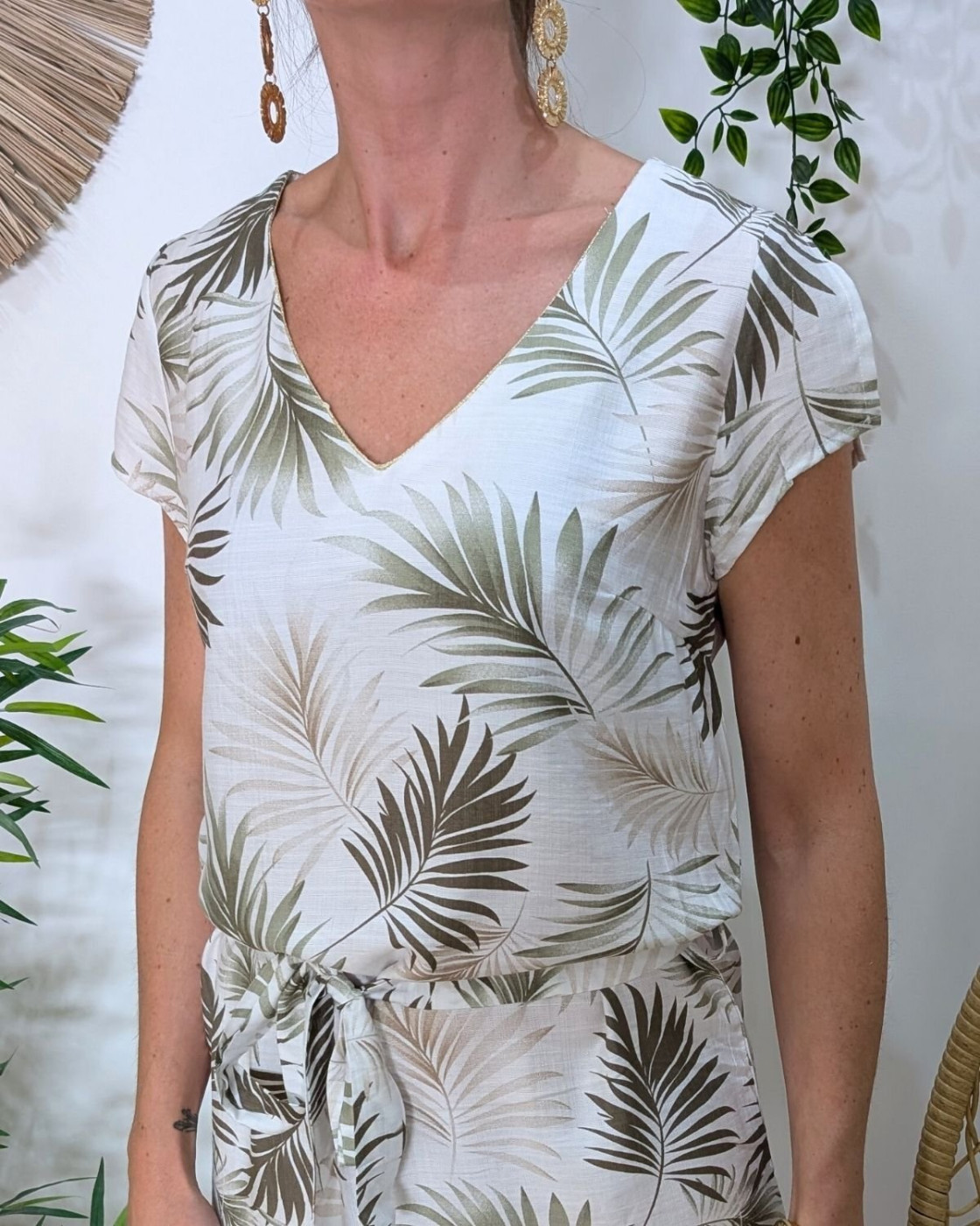 Robe femme droite écrue feuillages kaki et taupes Ombelline