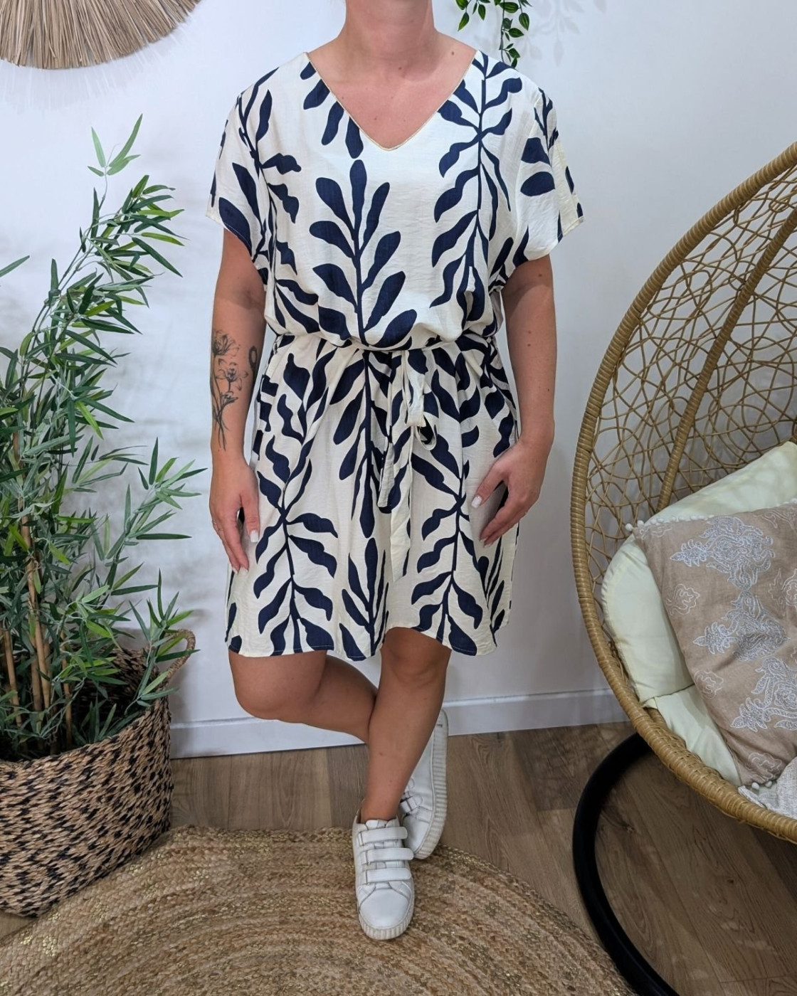 Robe femme droite écrue et bleu marine Ismérie