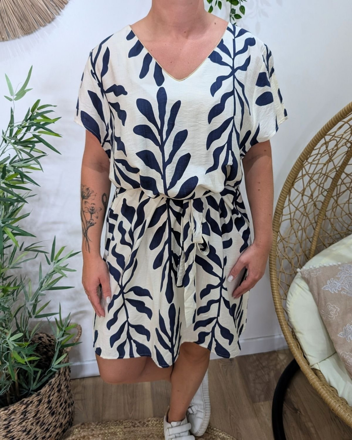 Robe femme droite écrue et bleu marine Ismérie