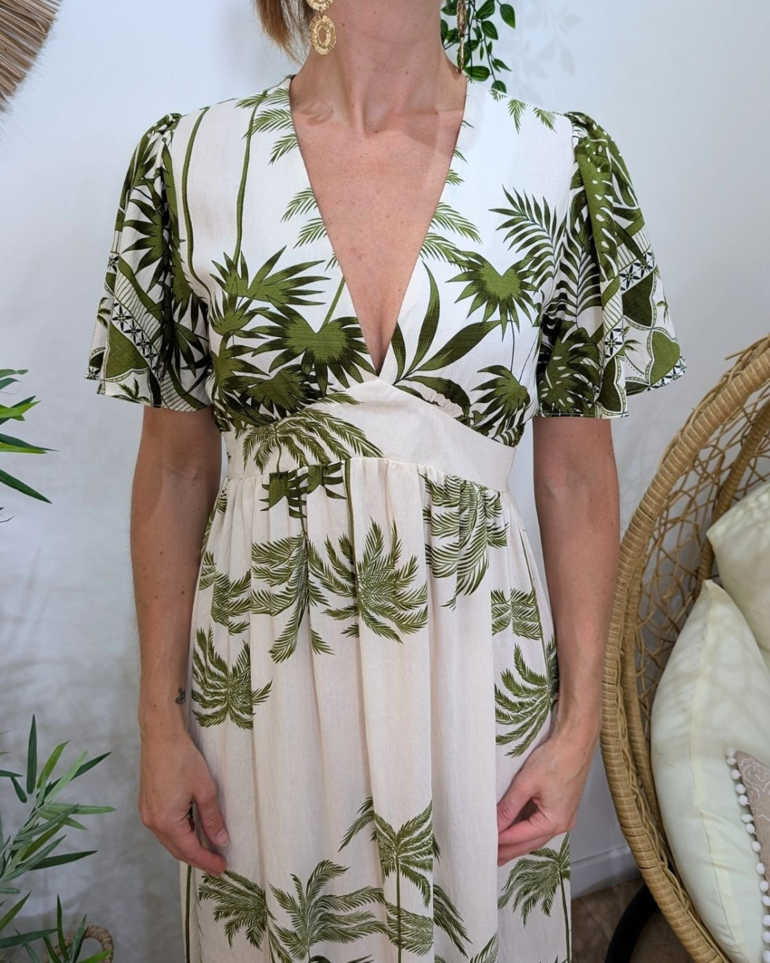 Robe longue femme beige motifs tropicaux kaki