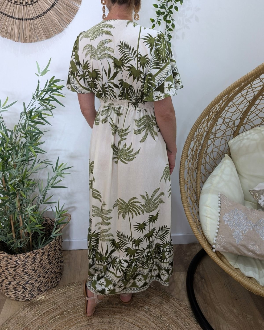 Robe longue femme beige motifs tropicaux kaki