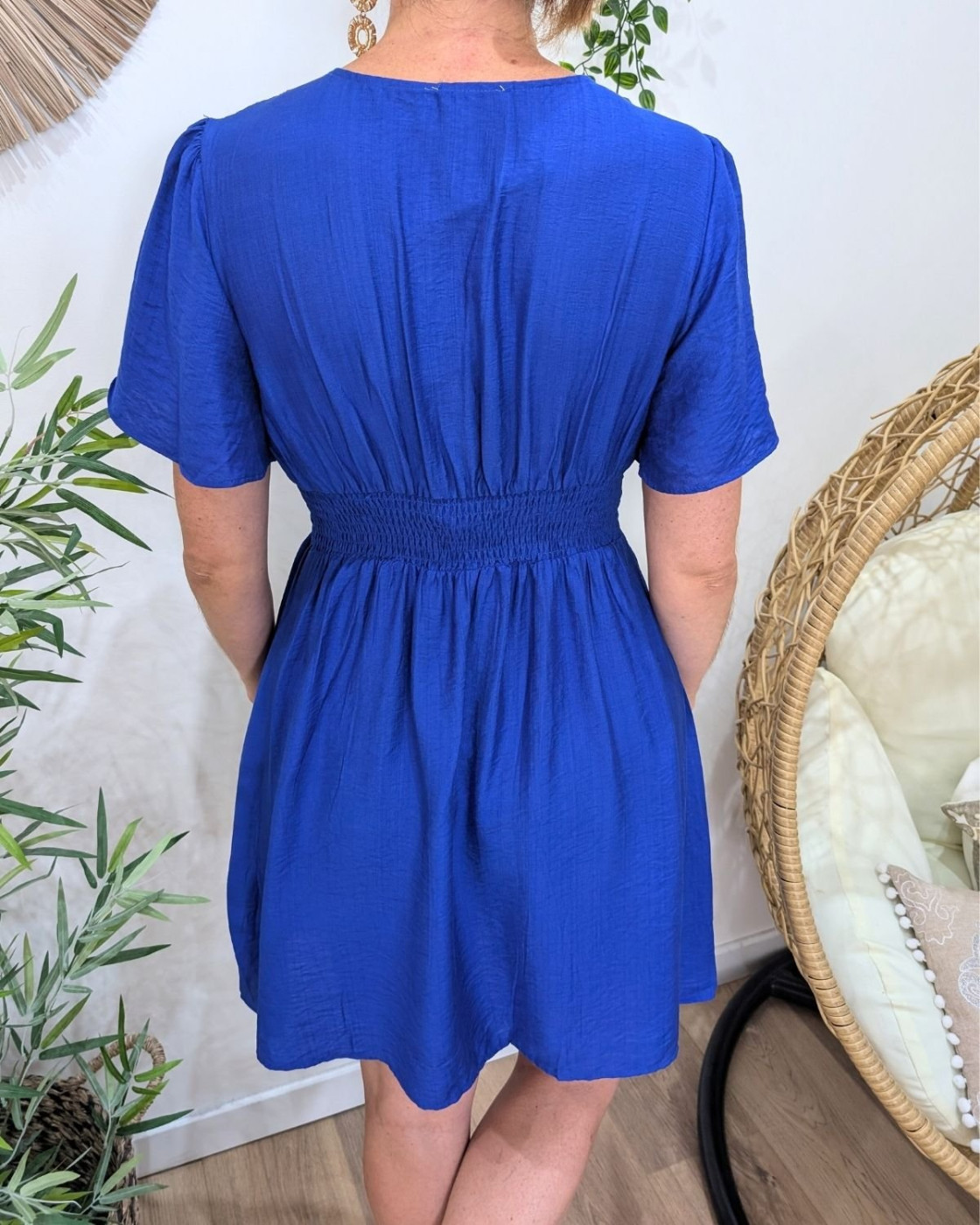 Robe femme bleu electrique unie manches volantes Janelle