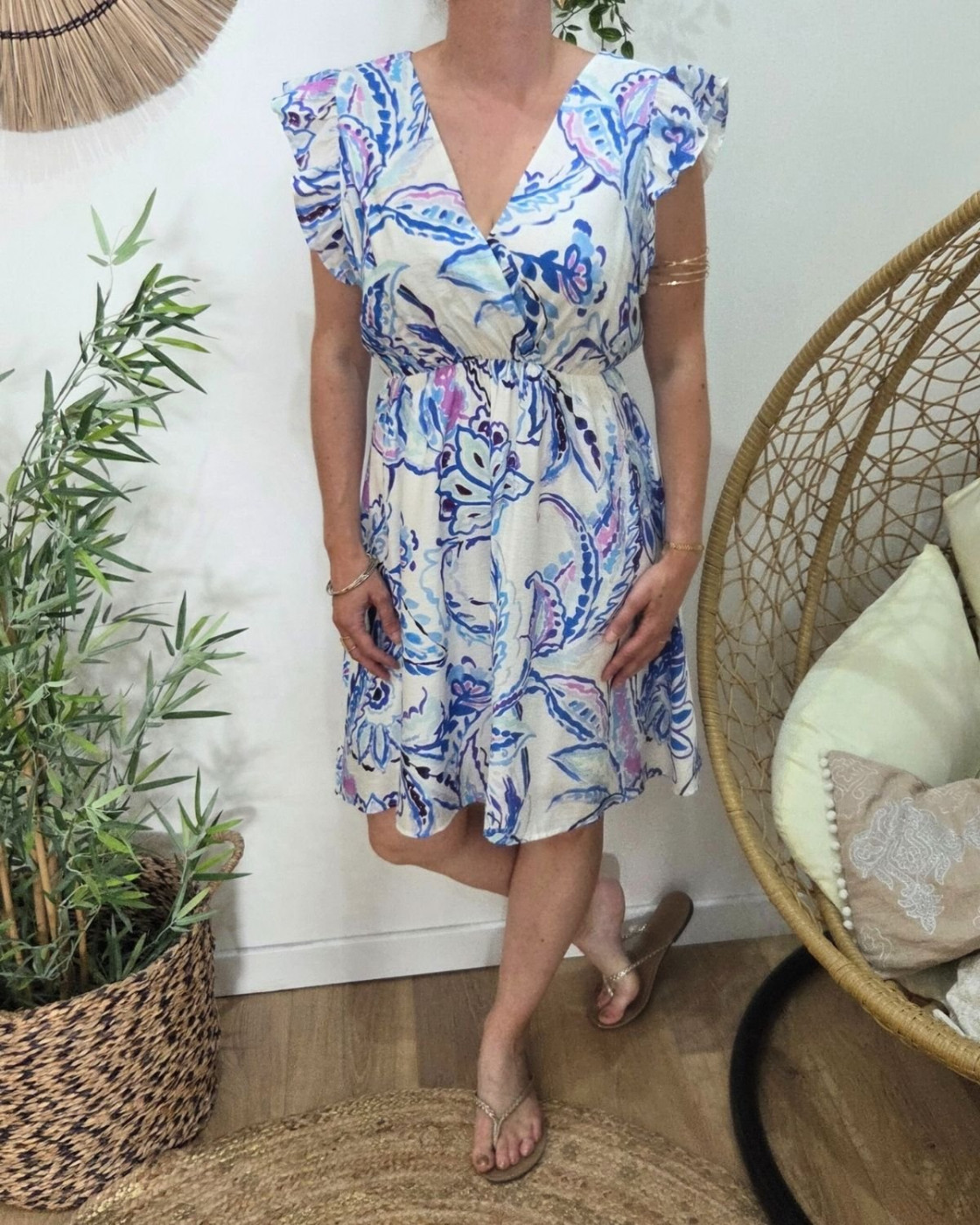 Robe femme écrue motifs bleus mauves Silwen