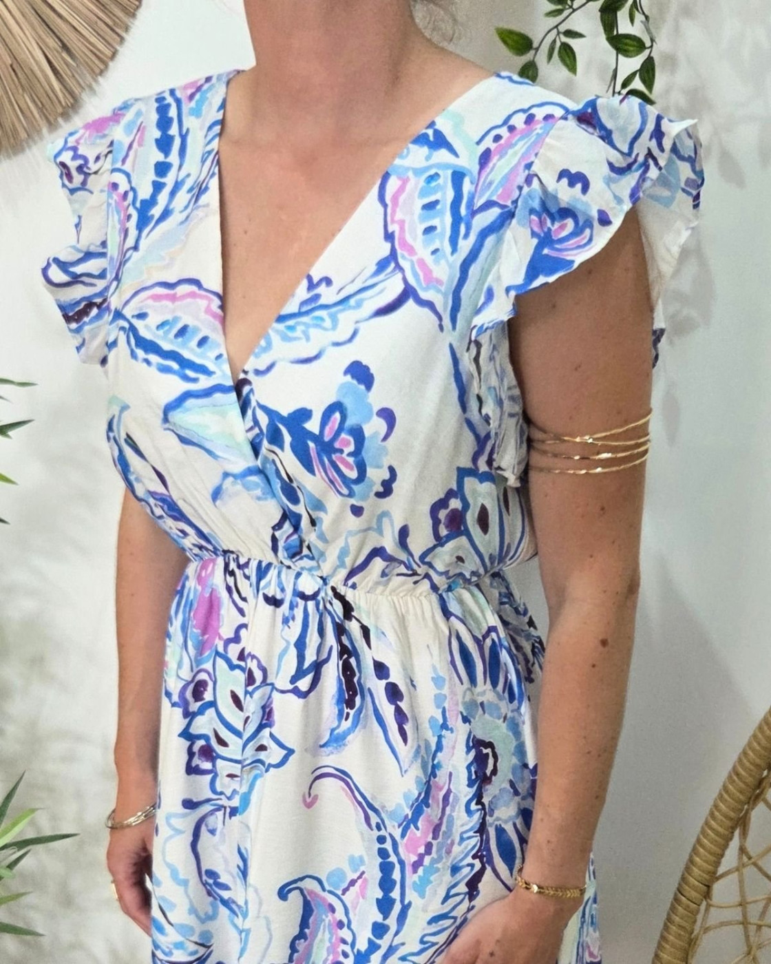 Robe femme écrue motifs bleus mauves Silwen