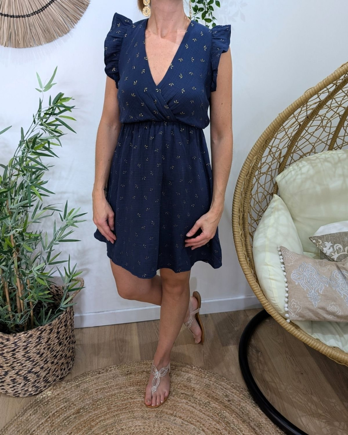 Robe femme marine petits motifs dorés Naïa