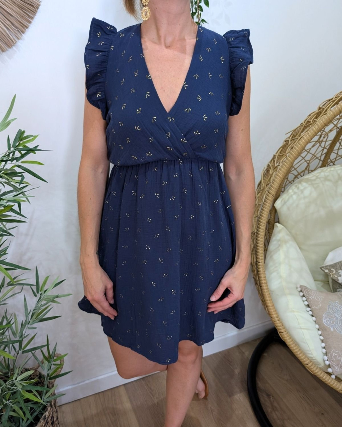 Robe femme marine petits motifs dorés Naïa