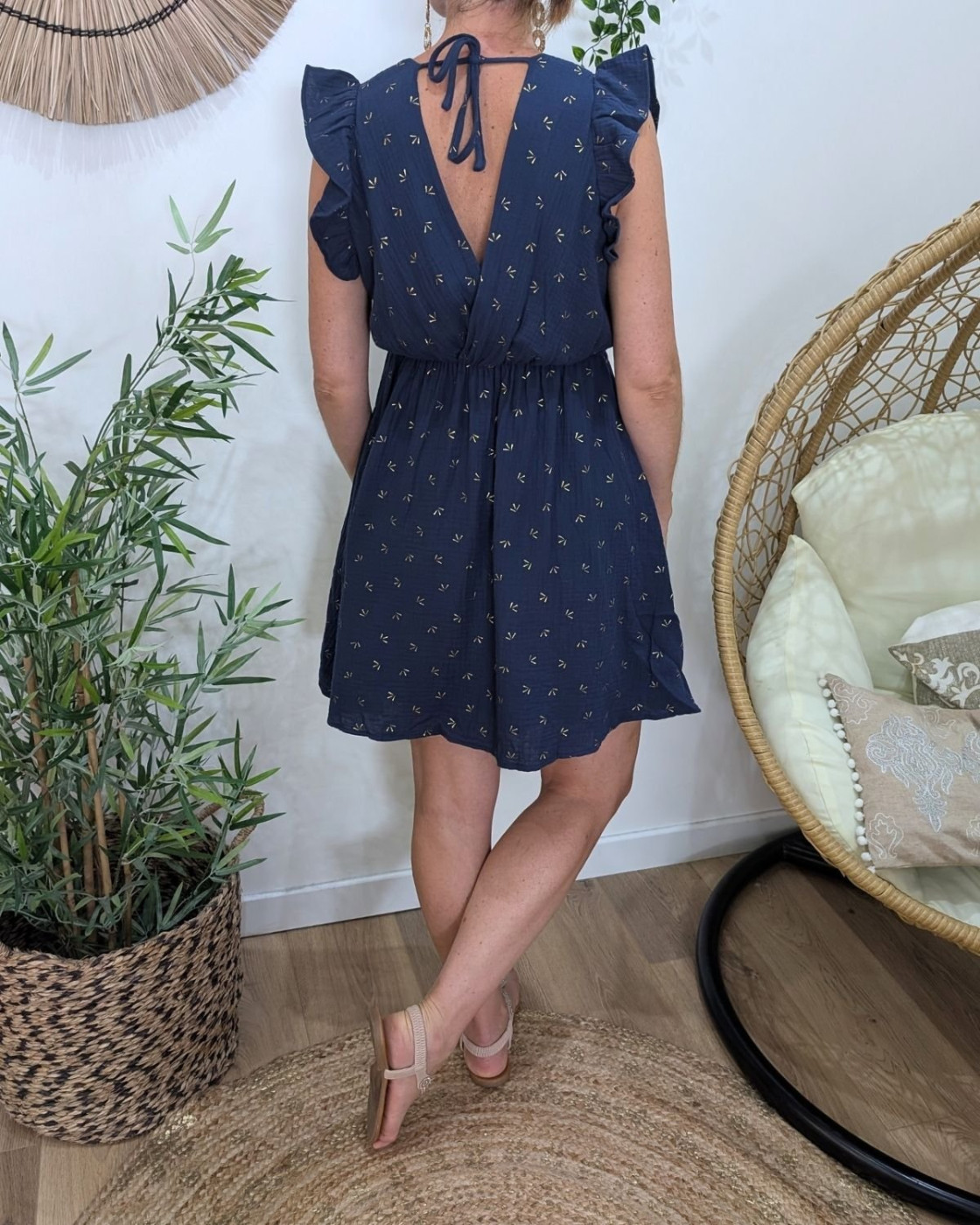 Robe femme marine petits motifs dorés Naïa