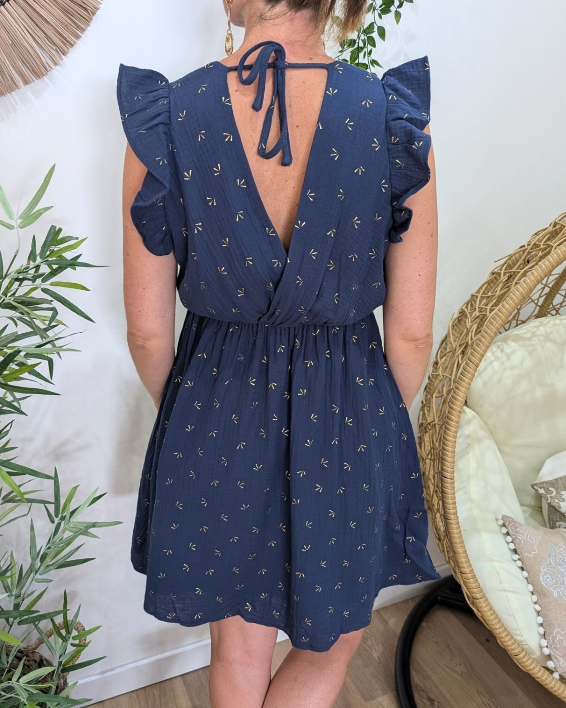 Robe femme marine petits motifs dorés Naïa