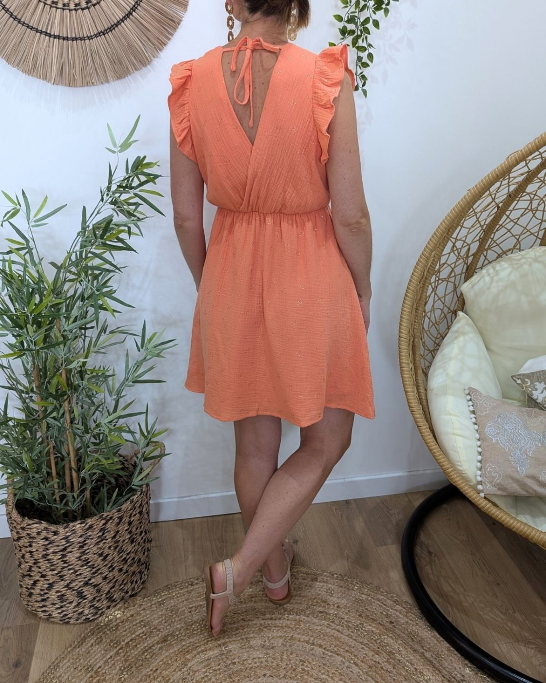 Robe femme orange petits motifs dorés Naïa