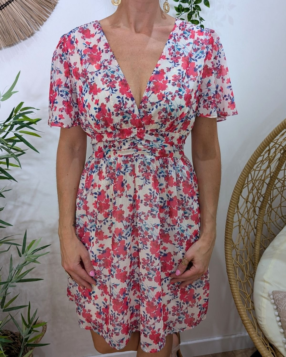 Robe femme blanche fleurs fuchsia bleu mauves Eïra