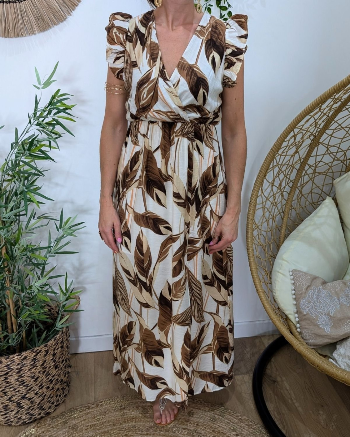 Robe longue femme écru feuillages marrons Maëlya