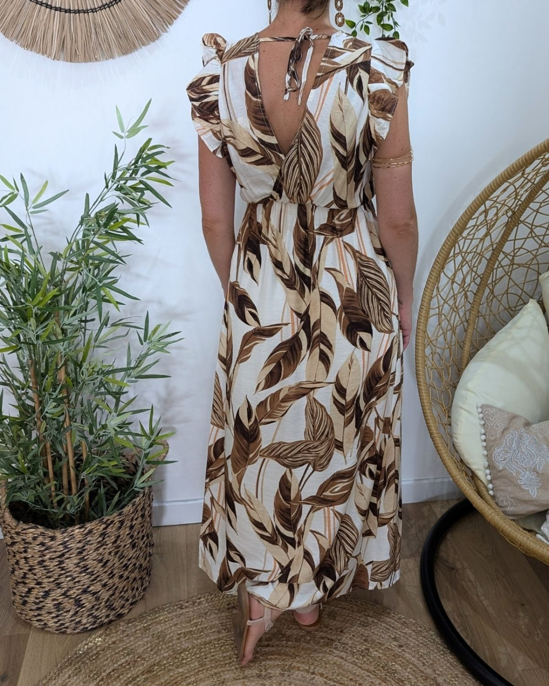 Robe longue femme écru feuillages marrons Maëlya