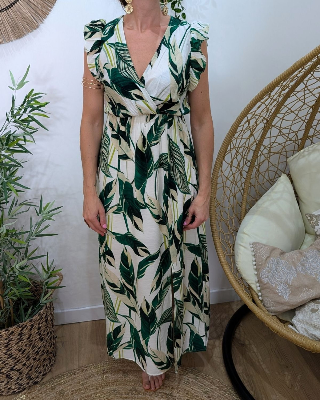 Robe longue femme écru feuillages verts Maëlya