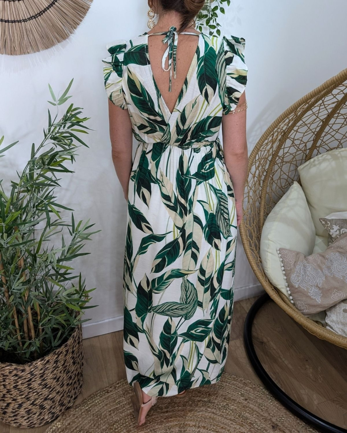 Robe longue femme écru feuillages verts Maëlya