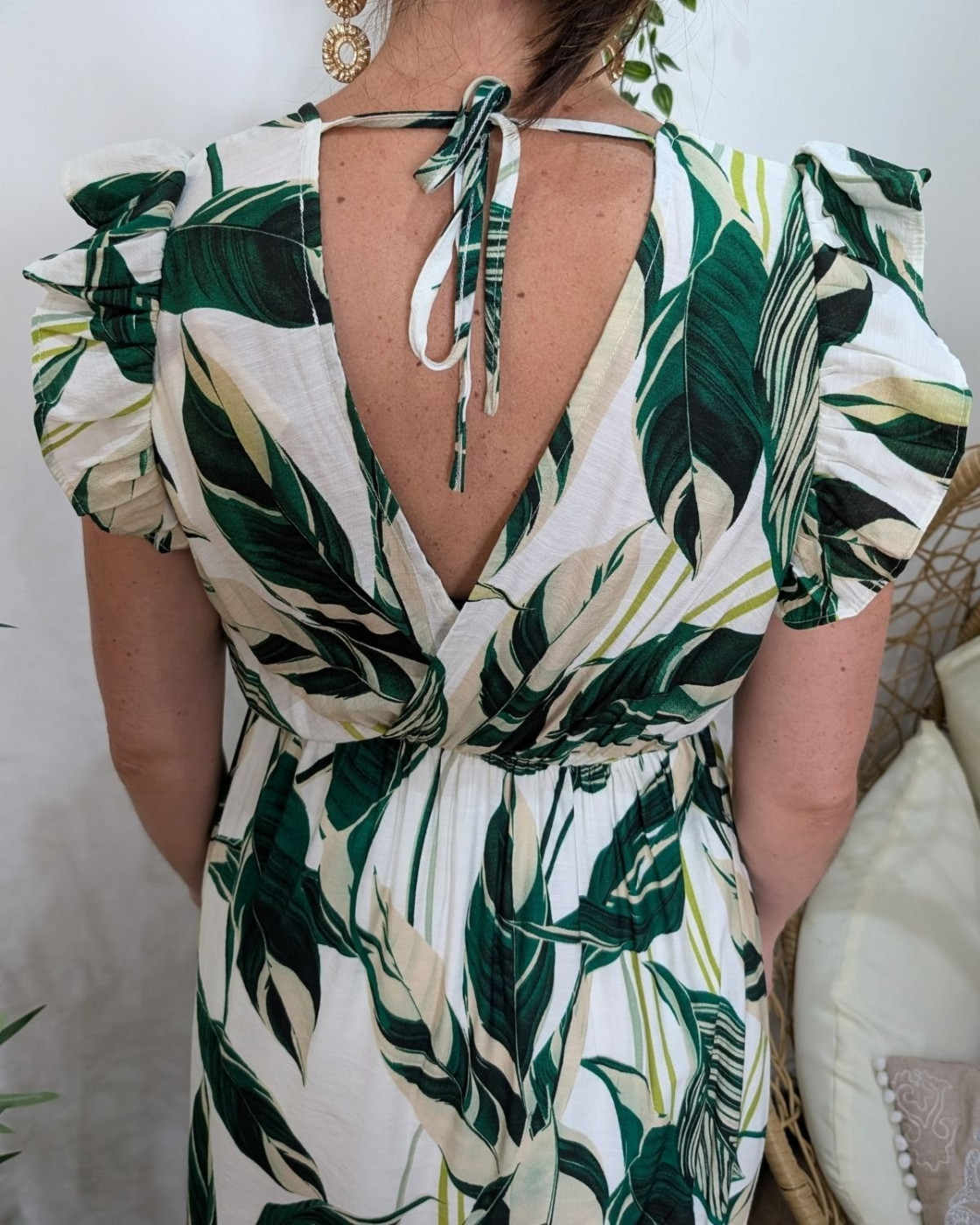 Robe longue femme écru feuillages verts Maëlya