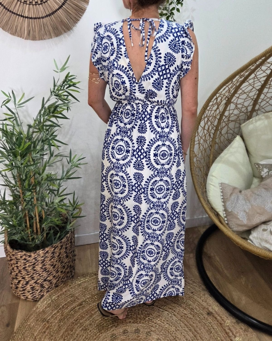 Robe longue femme blanche et bleue Onaëlle