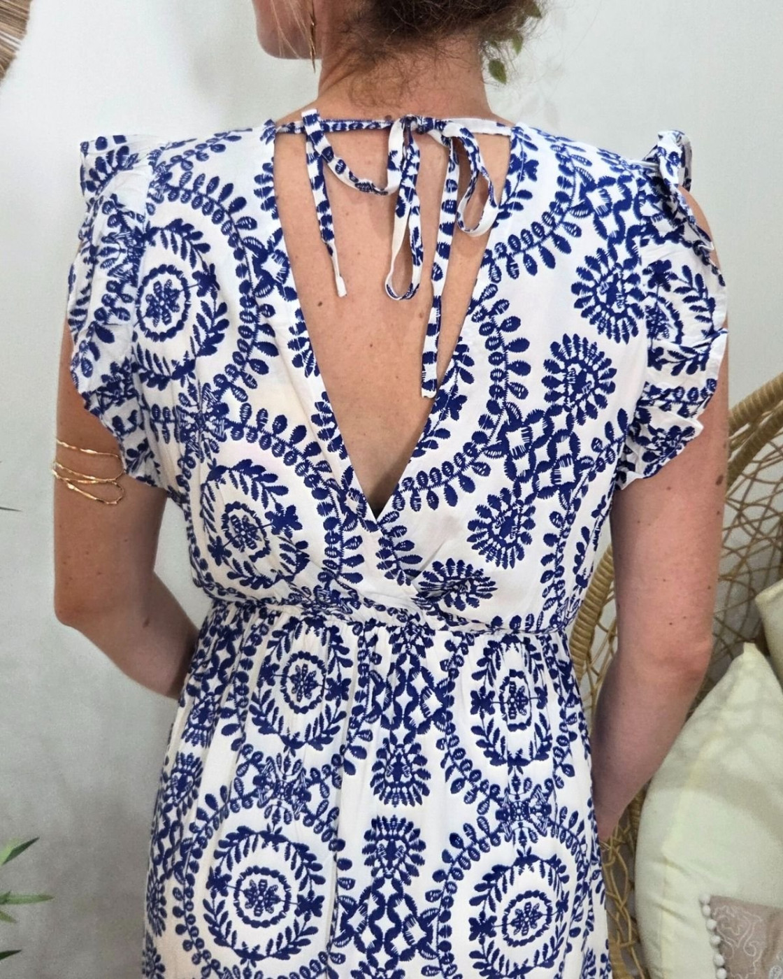 Robe longue femme blanche et bleue Onaëlle