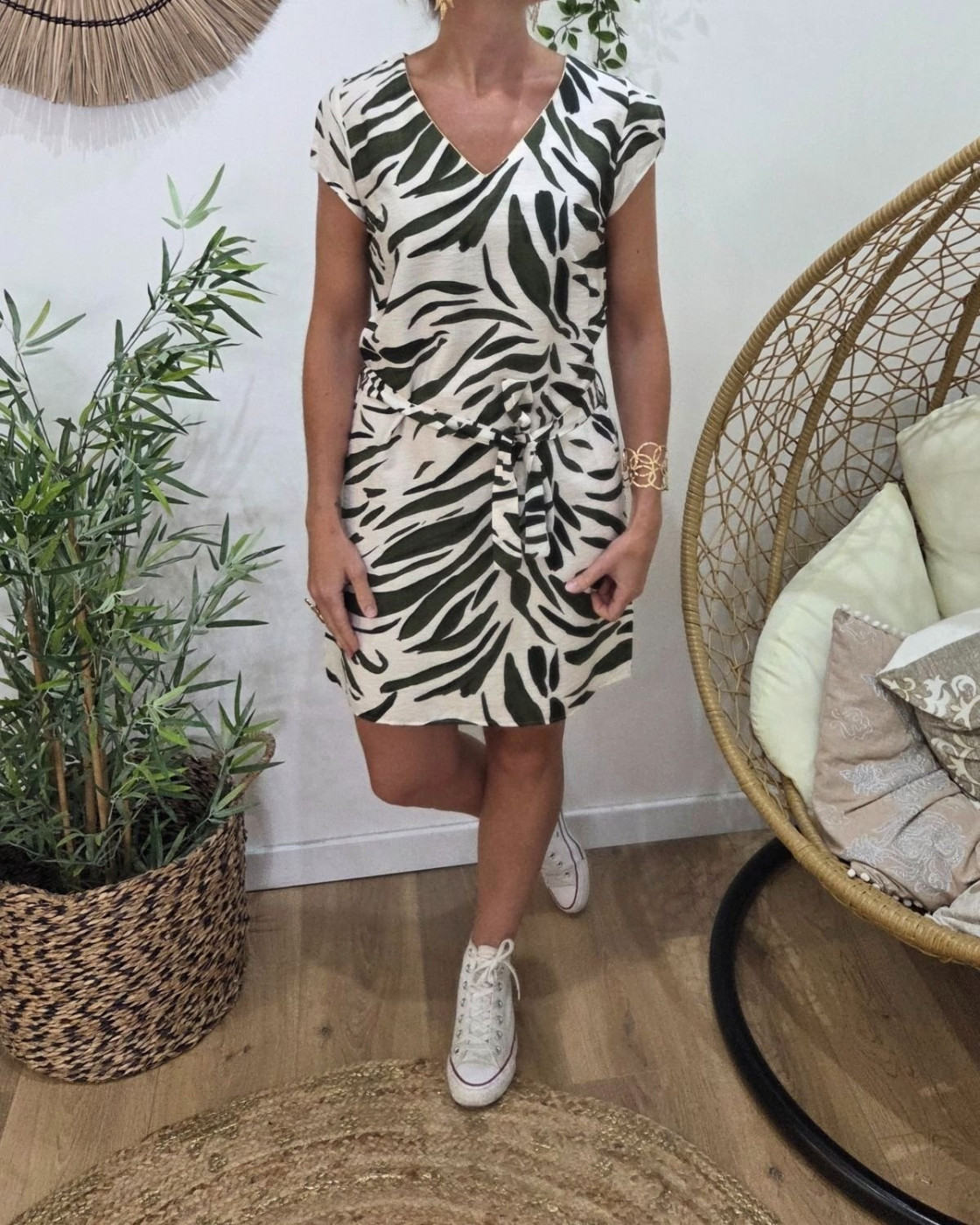 Robe femme écru et kaki Aenor